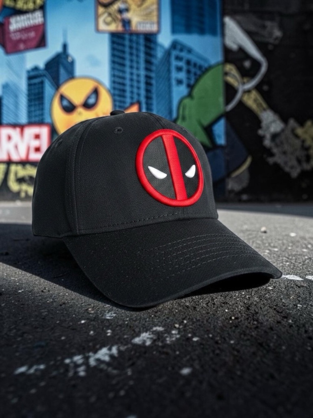 Marvel Deadpool Black Flex Fit Hat Red Logo One Size Fits Most Cap